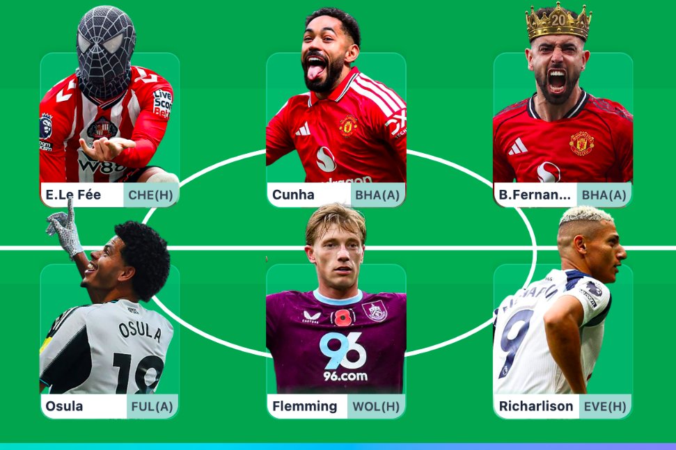 AlexVolloFPL's tweet photo. Added special player images to the Team Reveal tool, including "Spider-Man" Enzo Le Fee, "Pigeon" Richarlison, "Record Breaker" Bruno, and more.

Create your own team reveal for the final gameweek at https://t.co/5OP9NWeEab https://t.co/e8C4MOLfD0