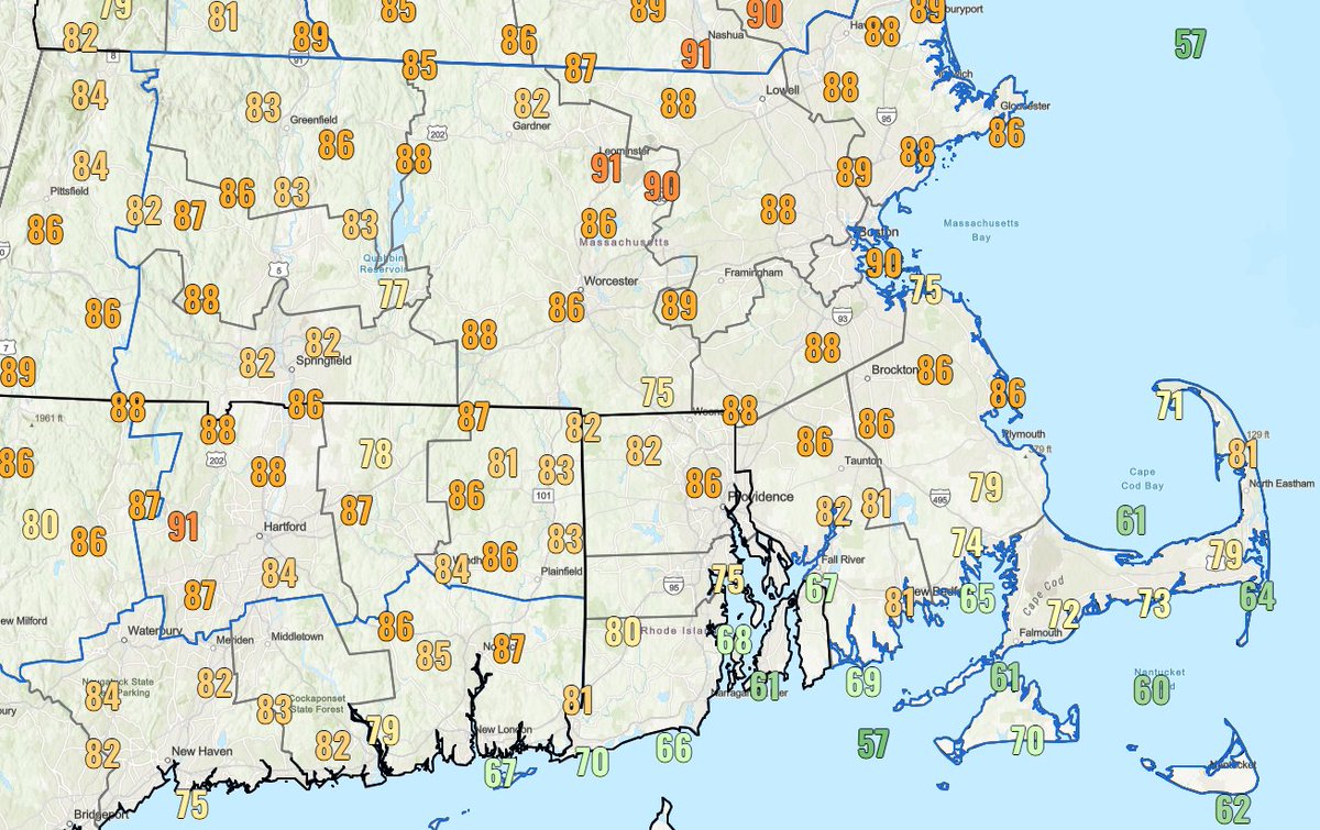 NWSBoston's tweet photo. 5/19/26 11 AM: 
Current temps are already well into the 80s with a few 90s🥵.

🌡️We are expecting temps in the 90s in many areas today, potentially upper 90s in spots. 

This is our first big heat of the season, be sure to use caution today (see tips below).  
#MAwx #CTwx #RIwx https://t.co/lGCYfDdWC4