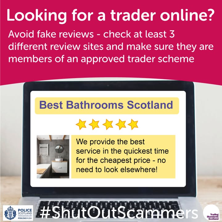 TSScot's tweet photo. Searching for traders online? Avoid fake reviews:

✔️Check timing &amp; spacing of reviews
✔️Check the reviewer’s activity history
✔️Be suspicious of reviews with vague, generic language

Find traders approved by trading standards at https://t.co/gltYn8A6yU  #ShutOutScammers https://t.co/Ey3tyoHUYW