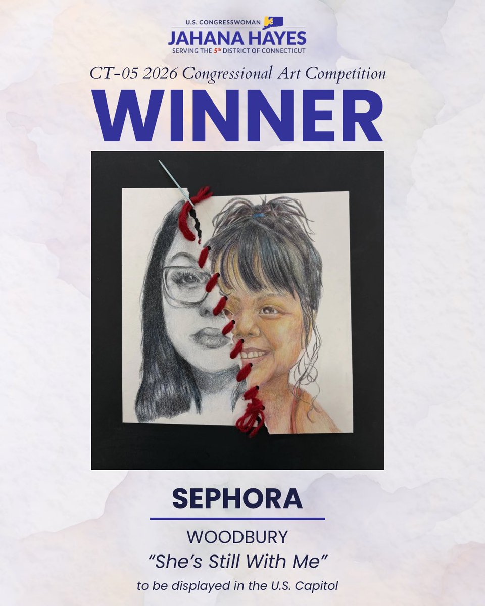 RepJahanaHayes's tweet photo. Join me in congratulating our #CT05
2026 Congressional Art Competition Winners:
1️⃣ “She’s Still With Me” by Sephora from #Woodbury
*displayed in the U.S. Capitol
2️⃣ “No Crossing” by Keela from #Middlebury
*displayed in Washington, D.C. Office
3️⃣“Bright Vines” by Sophie from #Woodbury
*displayed at the Mattatuck Museum, Waterbury
4️⃣“Portrait Painter’s Story” by Talia from #Brookfield
*displayed in Waterbury Office