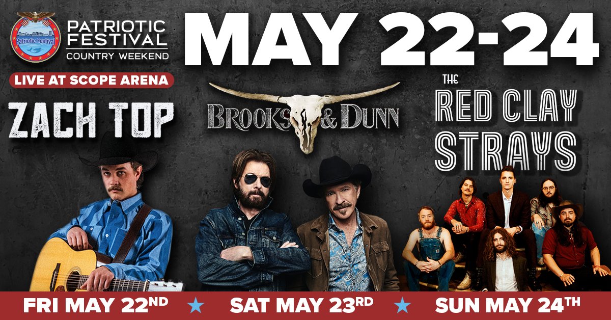 sevenvenues's tweet photo. 🎶 @patrioticfest is taking over Scope Arena THIS WEEKEND:

- May 22
Zach Top, Ashley Anne, @celestekellogg
- May 23
@brooksanddunn, Lanie Gardner, Alec Edmonds
- May 24
@redclaystrays, @thecastellows, Anthony Rosano

Plus, @djtystreet. For tickets, visit https://t.co/nOJfN4usbd. https://t.co/6CFI3rpoNo