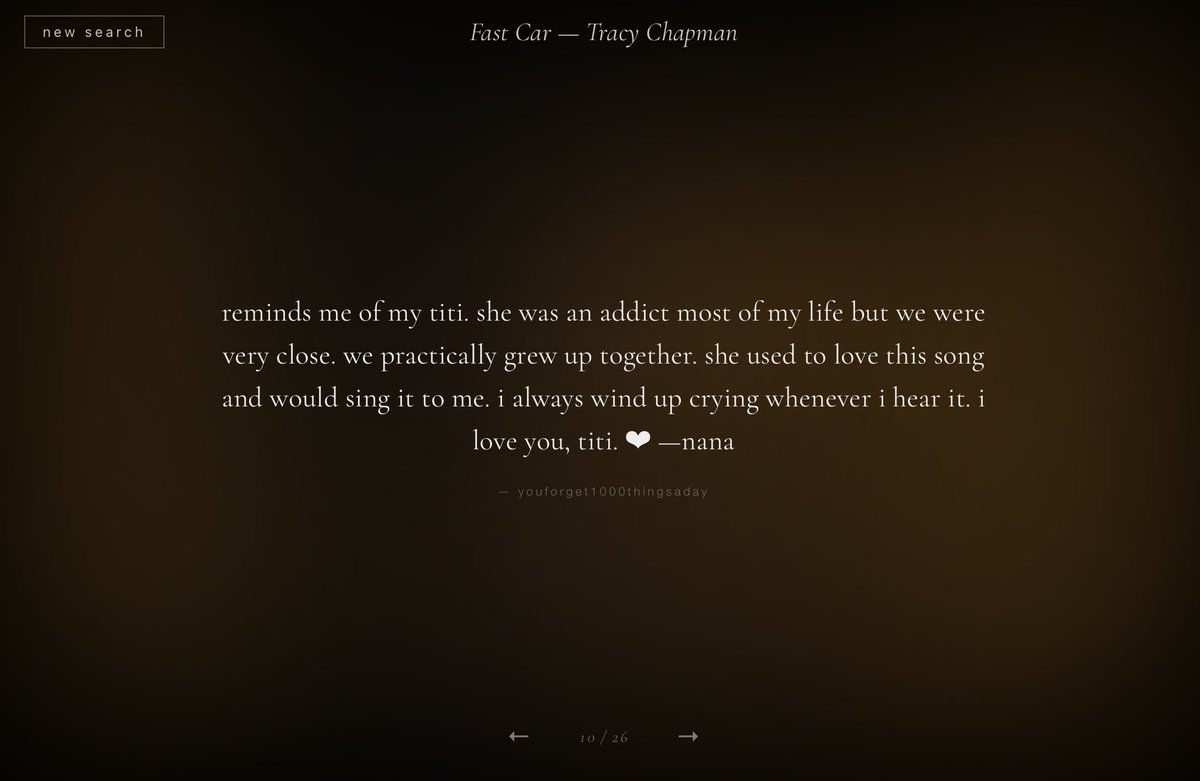 eselster's tweet photo. I made a tool for finding the memories people share in the comments on Youtube music videos. Lots of grief, but lots of joy too.  Link in 🧵 https://t.co/BhsG9iVhyF