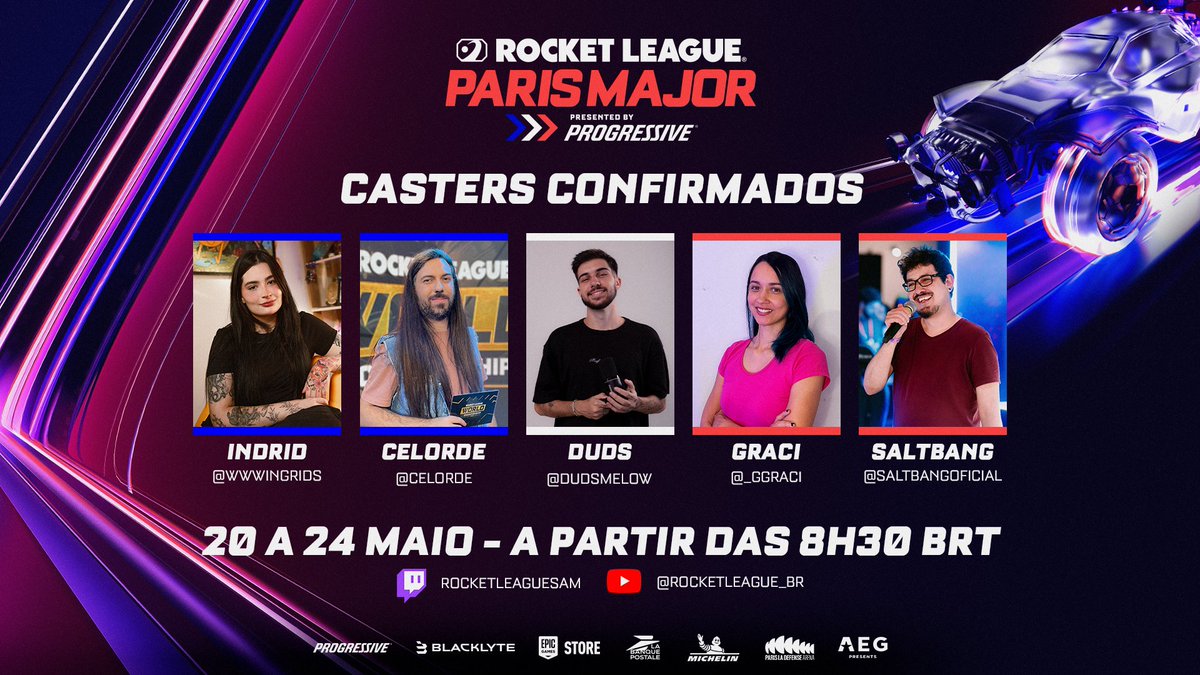 RocketLeague_BR's tweet photo. OS MELHORES CASTERS JÁ ESTÃO ESCALADOS PARA O MAJOR DE PARIS! 🇧🇷🔥

Essas são as vozes que vão comandar a transmissão oficial da SAM

🎙️ @wwwingrids
🎙️ @Celorde_
🎙️ @DudsMelow
🎙️ @_ggraci
🎙️ @saltbangoficial 

🗓️ 20 a 24/05
🕗 A partir das 8h30 em:
🔗 https://t.co/SwnYsVqwAQ
🔗https://t.co/YlXYWtqDsO

#RLCS