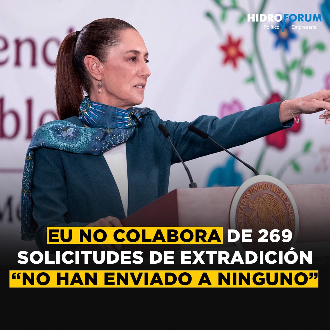 hidroforum's tweet photo. La presidenta acusa a Estados Unidos de no colaborar ya que desde el 2018 a la fecha se han solicitado 269 solicitudes de extradición y hasta el momento no se ha entregado a ninguno. 
#hidroforum #morena #sheinbaum #noticias https://t.co/49BeIHI4qB