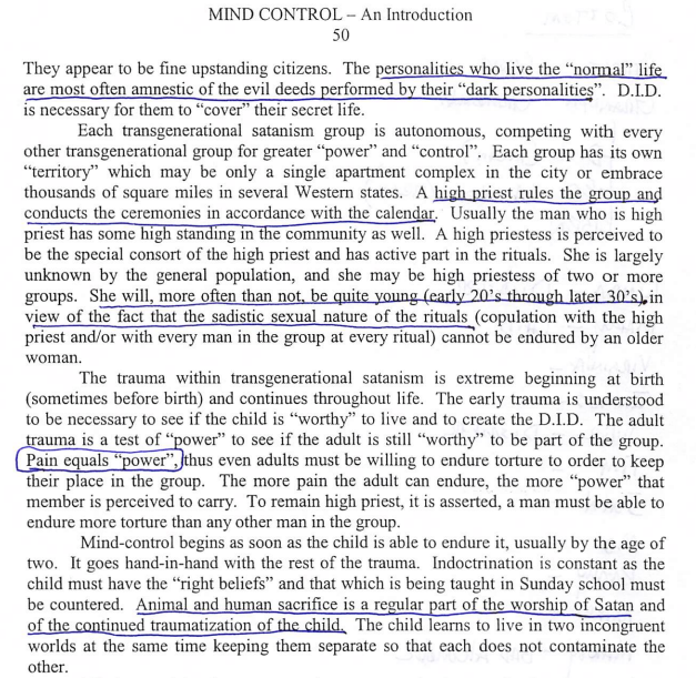 jonco855's tweet photo. Mind control is key within Multigenerational Cults that propagate the group.

Dissociation occurs under great pain, so some level of torture is required for the child to dissociate.

This also teaches the child that pain is power.

Read more in the link below https://t.co/AN35zbZtHO