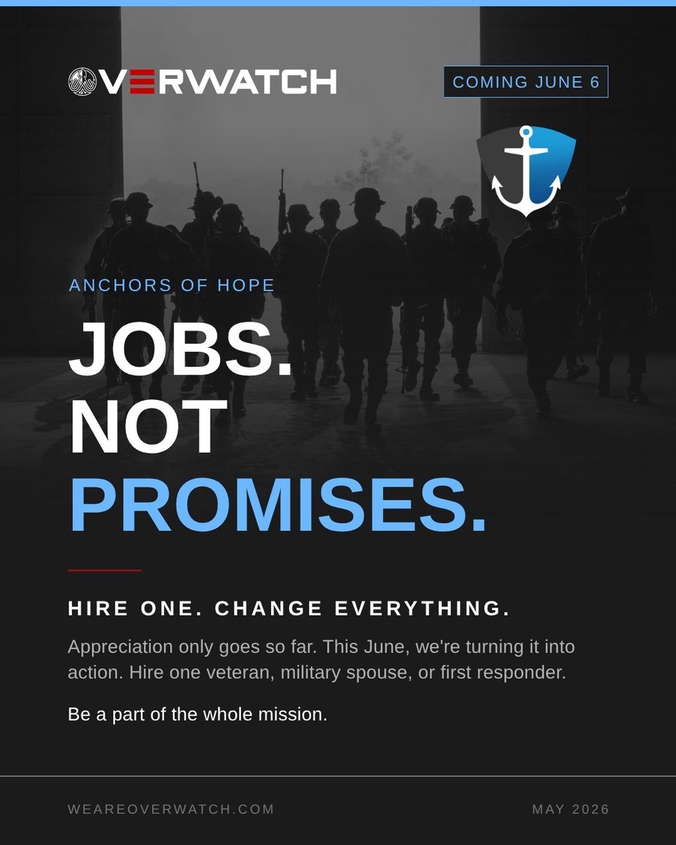 OverwatchMC1's tweet photo. 1 in 3 veterans say finding a job is the hardest part of coming home.

Anchors of Hope launches June 6 to fix that

—
#WeAreOverwatch #MilitaryAppreciationMonth https://t.co/deqK40iKTS