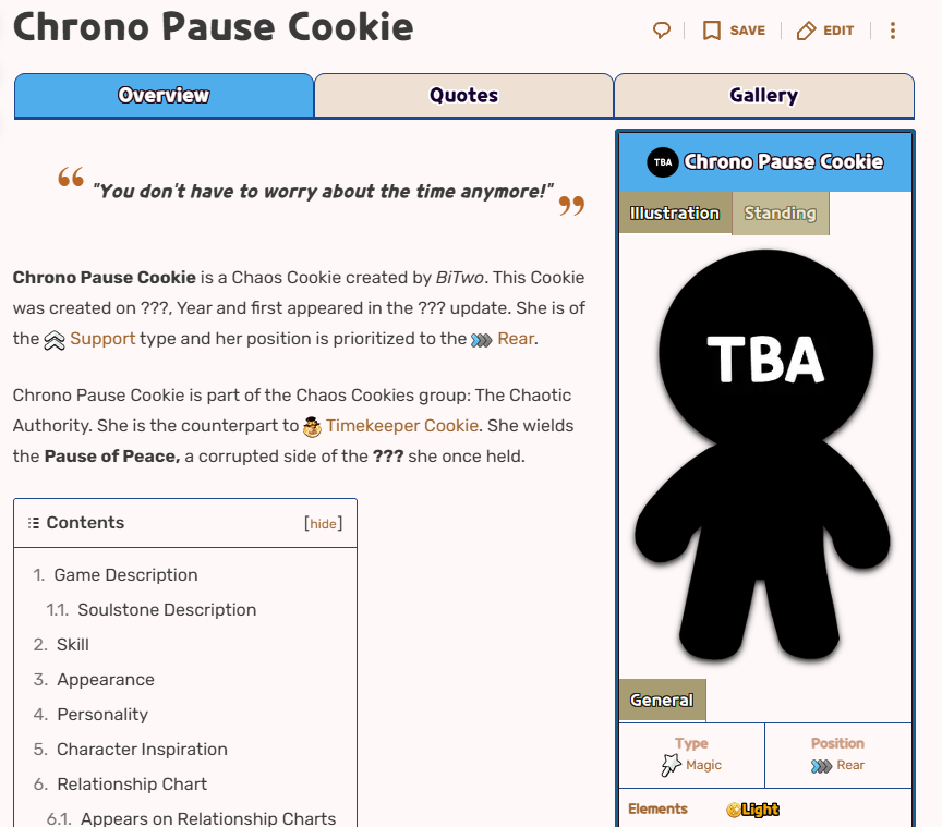 BiTwooo's tweet photo. Hi everyone! I made a wiki page for my OC, Chrono Pause Cookie, to have it prepared when her design is revealed! In it you will find little spoilers. Hope you like it!

https://t.co/tSkMWDeJXy https://t.co/BhWQc0SufX