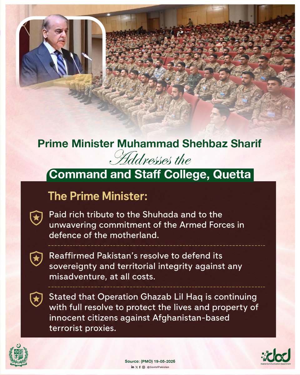 GovtofPakistan's tweet photo. Prime Minister Muhammad Shehbaz Sharif visited the Command and Staff College, Quetta, and addressed the faculty and student officers.

The Prime Minister lauded the professionalism, operational preparedness, and sacrifices of the Pakistan Armed Forces in safeguarding national sovereignty and ensuring peace and stability. He paid rich tribute to the Shuhada and to the unwavering commitment of the Armed Forces in defence of the motherland. Referring to Marka-e-Haq, the Prime Minister paid tribute to the Pakistan Armed Forces’ historic victory under the leadership of Field Marshal Syed Asim Munir. He also reiterated Pakistan’s unwavering support for the people of Jammu and Kashmir and Palestine.