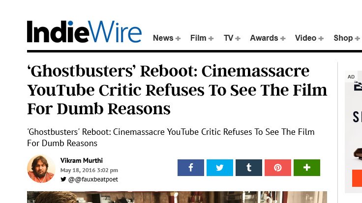 ReviewsPossum's tweet photo. Seeing how the entire media ganged up on James Rolfe with all of the seething hate and vitriol they could summon for simply saying he didn't want to watch the shitty Ghostbusters remake should have been an eye-opener for everyone.

The fact that Sony now pretends that movie doesn't exist after it flopped so hard almost makes it funny in hindsight.