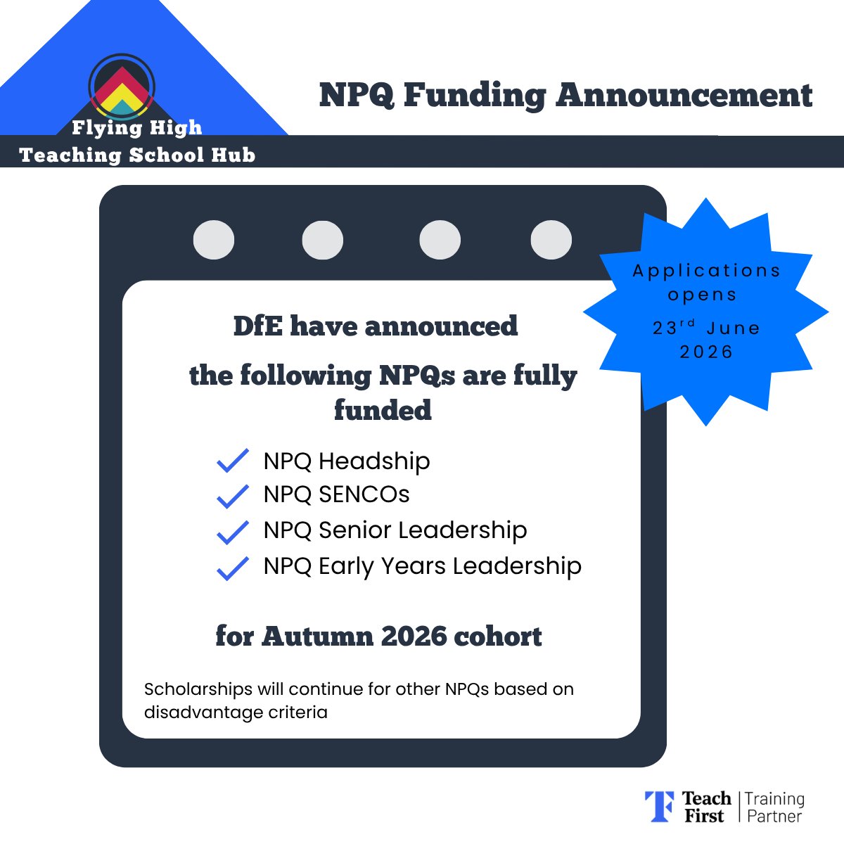 FlyingHighHub's tweet photo. 🌟NPQ funding for Autumn term cohort🌟 

The DfE have announced the eligibility criteria for funded #NPQ places.

NPQs open on 23rd June. Express your interest here to be sent the link when it opens.  https://t.co/2xb310DjBN

#npqh
#npqsl
#npq https://t.co/acE9CdslRK