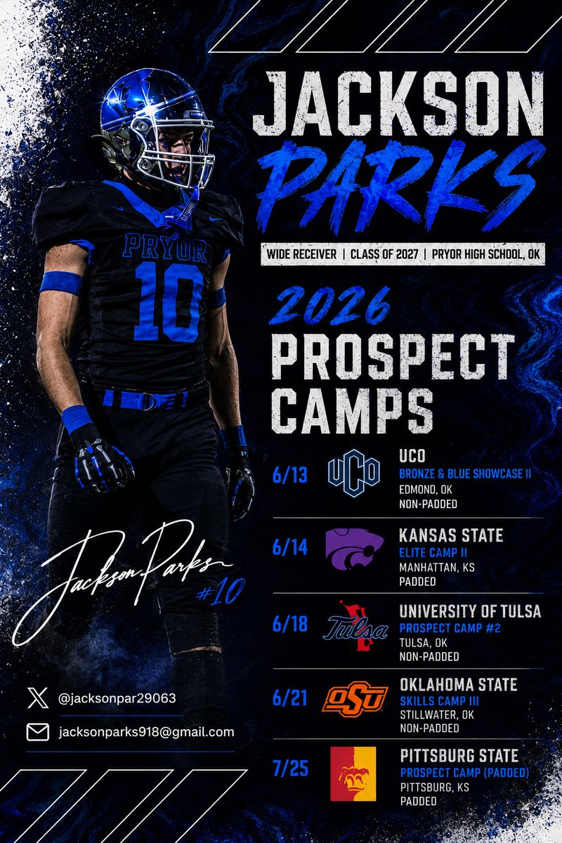 JacksonPar29063's tweet photo. Camp season getting busy 👀 More dates. More work. More opportunities. Let’s fill this calendar up. #AGTG 
@ucobronchofb @KStateFB @TulsaFootball @CowboyFB @GorillasFB @PryorTigerFB https://t.co/chTxzANf9a