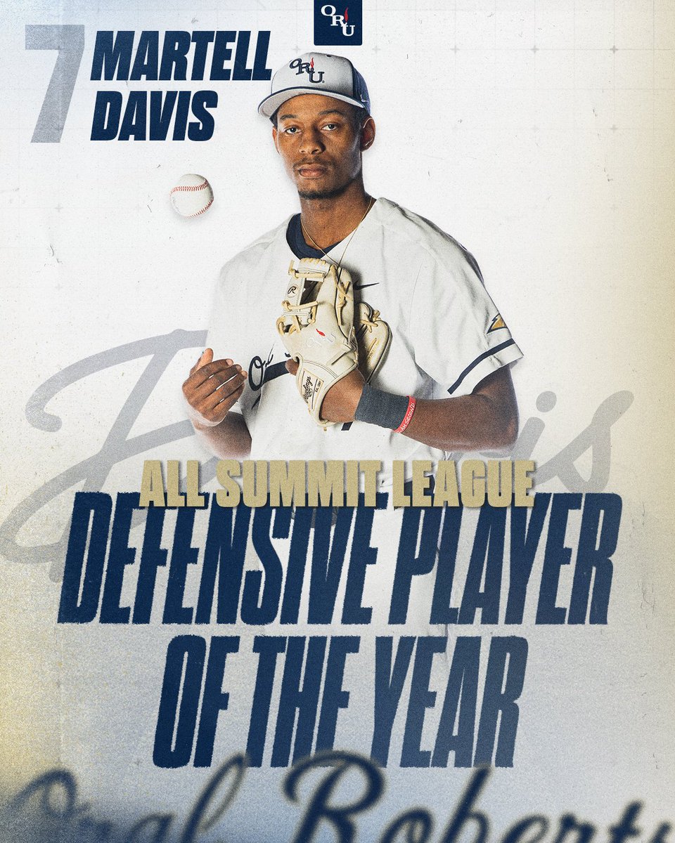 ORUBaseball's tweet photo. 𝟐𝟎𝟐𝟔 𝐒𝐔𝐌𝐌𝐈𝐓 𝐋𝐄𝐀𝐆𝐔𝐄 𝐃𝐄𝐅𝐄𝐍𝐒𝐈𝐕𝐄 𝐏𝐋𝐀𝐘𝐄𝐑 𝐎𝐅 𝐓𝐇𝐄 𝐘𝐄𝐀𝐑

Second baseman Martell Davis has been named @TheSummitLeague Baseball Defensive Player of the Year!

#ORUBASE | #GoldenStandard https://t.co/oOhmV5h6sW