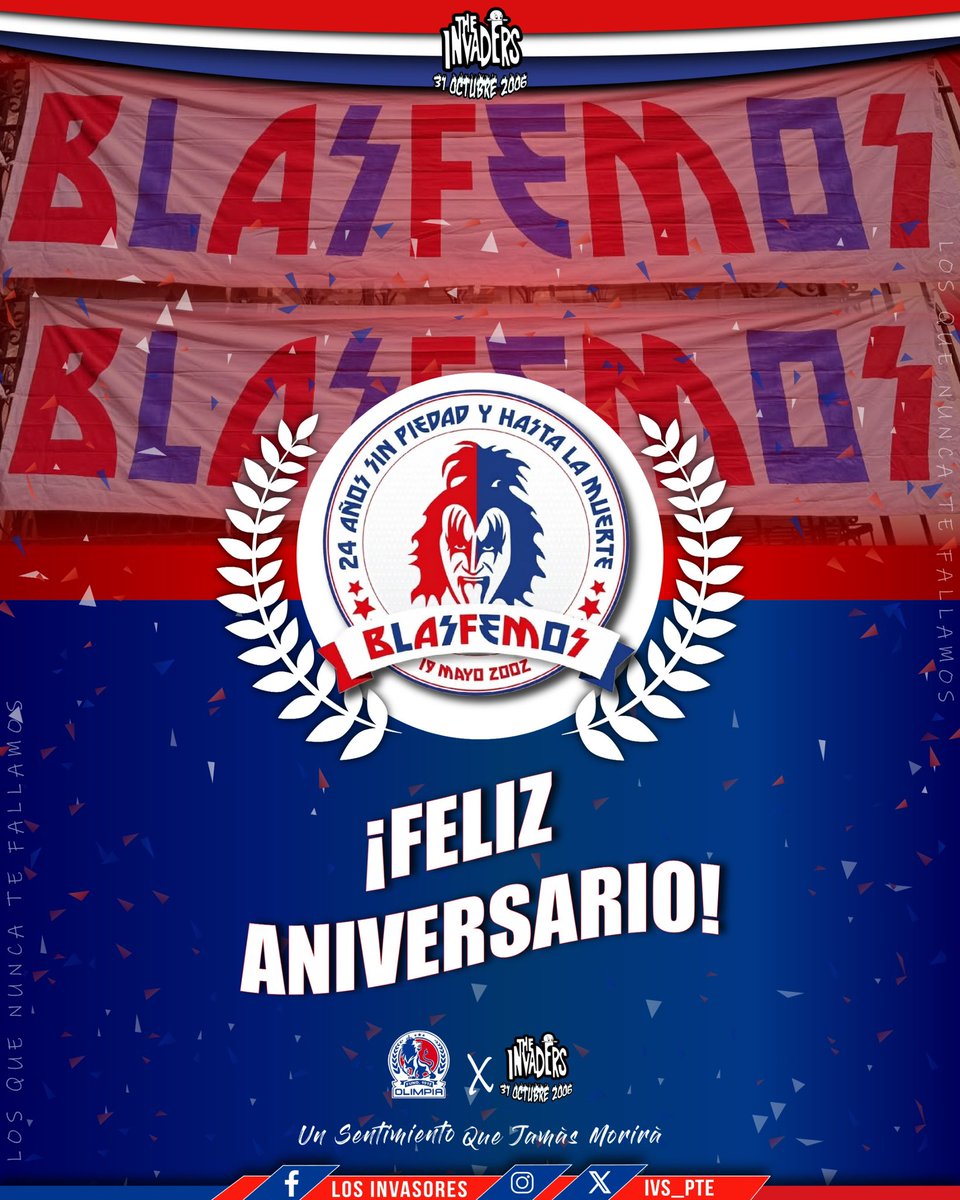 IVS_Pte's tweet photo. ¡Feliz vigésimo cuarto aniversario aniversario a la peña Blasfemos!

Desde peña LOS INVASORES, mandamos un fuerte abrazo y todo nuestro respeto a la peña Blasfemos por estar arribando hoy a un aniversario más. https://t.co/eUojLV6Dka