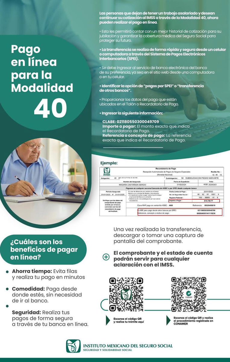 IMSSedomexote's tweet photo. 💳📲 Realiza el pago de tu Modalidad 40 de forma rápida, segura y sin filas.
Con el pago en línea puedes continuar tu cotización al IMSS desde cualquier lugar. 💚
✔️ Ahorra tiempo
✔️ Mayor comodidad
✔️ Pagos seguros
#Modalidad40 #IMSS #PagoEnLínea #SeguridadSocial https://t.co/bEbH6qaVFA