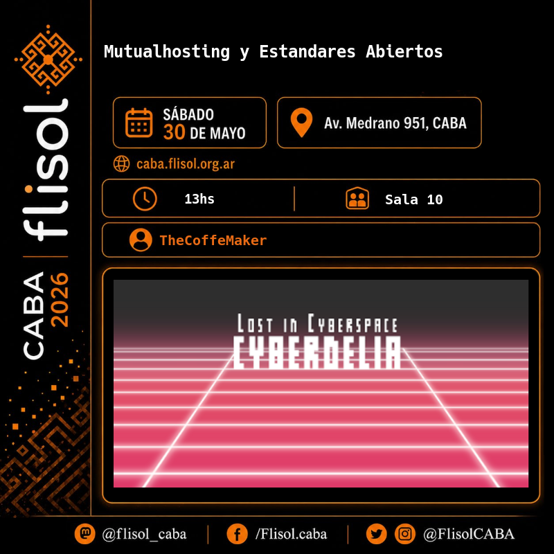 FlisolCABA's tweet photo. #Infraestructura y autogestión

• #Mutualhosting y estándares abiertos - @gcooplibre 
• #Selfhosting, #VPNs y cosplaying de un proveedor de internet - Matías Lang
• #Flinux: luchando contra la super obsolescencia programada - Nicolas Longardi

#Gratis https://t.co/y6Bwg3ZNS2 https://t.co/IJxYWs0Dus