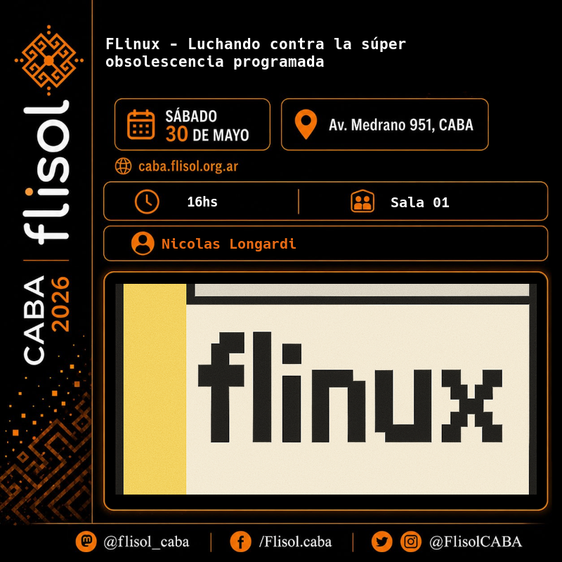 FlisolCABA's tweet photo. #Infraestructura y autogestión

• #Mutualhosting y estándares abiertos - @gcooplibre 
• #Selfhosting, #VPNs y cosplaying de un proveedor de internet - Matías Lang
• #Flinux: luchando contra la super obsolescencia programada - Nicolas Longardi

#Gratis https://t.co/y6Bwg3ZNS2 https://t.co/IJxYWs0Dus