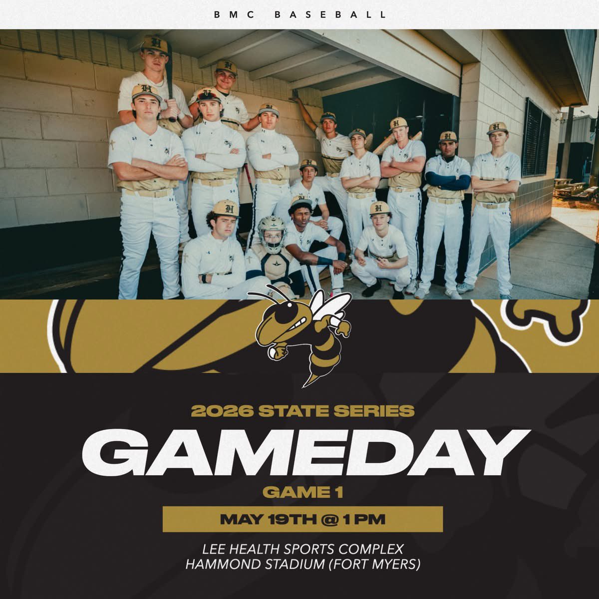 BMC_Baseball's tweet photo. STATE SERIES GAMEDAY. ⚾️🔥🐝
The stage is set. The Hornets are headed to Fort Myers for Game 1 of the State Series.

🆚 American Heritage 
📍 Fort Myers
⏰ 1PM

#FHSAA
#StateSeries #RoadToState #Baseball #GoHornets #HornetNation #BMCAthletics #BMoore https://t.co/Cb5hgEQcUn