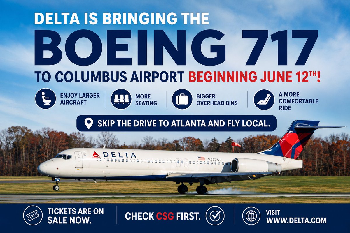 FlyColumbusGA's tweet photo. Beginning Friday, June 12th, Delta is introducing the Boeing 717 to Columbus Airport on select Friday and Saturday mid-day flights, bringing more seats, expanded overhead bin space, and added comfort with extra legroom.

Skip the long drive. Start your trip from your hometown airport.
🎟️ Tickets are on sale now.

#FlyCSG #DeltaAirLines #Boeing717 #FlyLocal #CheckCSGFirst