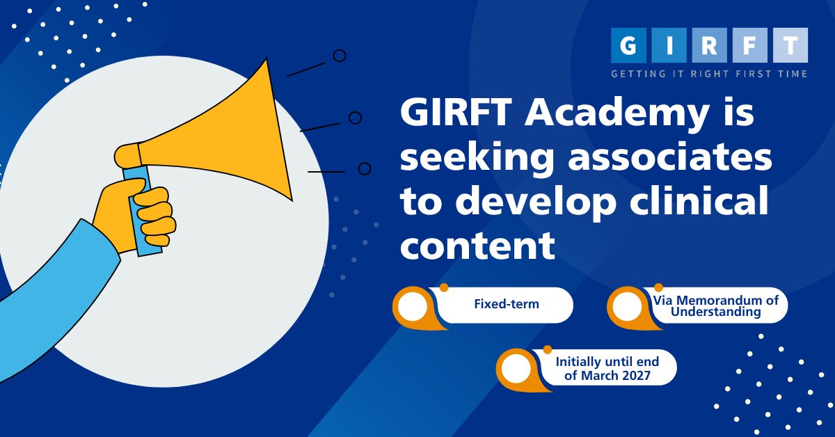 NHSGIRFT's tweet photo. 🚨 We’re looking for GIRFT Academy associates to develop clinical content.

Work with the GIRFT team to support NHSE priorities &amp; improve care.

Find out more 👉 https://t.co/3sC8sCkZMf

📧 Send CV + 500-word cover note to mark.lindsay1@nhs.net
📅 Deadline: 7 June 26

#NHS #GIRFT https://t.co/j6YYXzI5Da