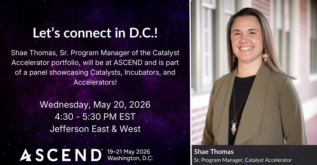 CatalystAcceler's tweet photo. We're heading to ASCEND in D.C.! 🎉

Shae Thomas, Sr. Program Manager of the Catalyst Accelerator portfolio, is hitting the stage as a panelist showcasing Catalysts, Incubators, and Accelerators. We can't wait to see her shine!

Going to be at ASCEND? We'd love to connect! 🤝 https://t.co/l5sbxChAxt
