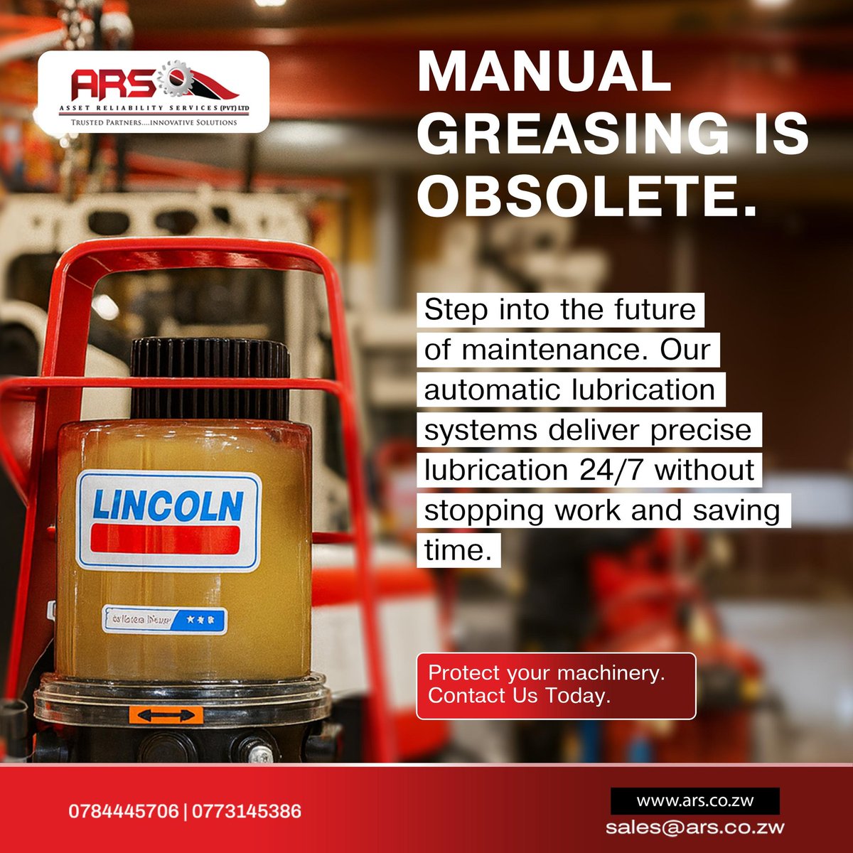Assetzw's tweet photo. Here's the truth about manual greasing,  it was never the best solution. It was just the only one we had.

 Technicians working in harsh conditions, hitting dozens of lubrication points on a schedule that's nearly impossible to keep perfectly, on machinery that never stops demanding care. The margin for error is huge. And when things go wrong, it's never just a maintenance issue,  it's a production issue, a cost issue, a safety issue.

ARS supplies automatic lubrication systems engineered to deliver the right amount of grease to the right point at the right time,  continuously, without stopping work, without human intervention. Your bearings stay protected. Your equipment lifespan extends. Your team redirects their time to higher-value work.

Protecting your machinery isn't just about maintenance. It's about making every operational decision count. Let's talk about what the right system looks like for your operation.

📞 0784445706 | 0773145386
📧 sales@ars.co.zw
🌐 https://t.co/EXNnLNeCBC