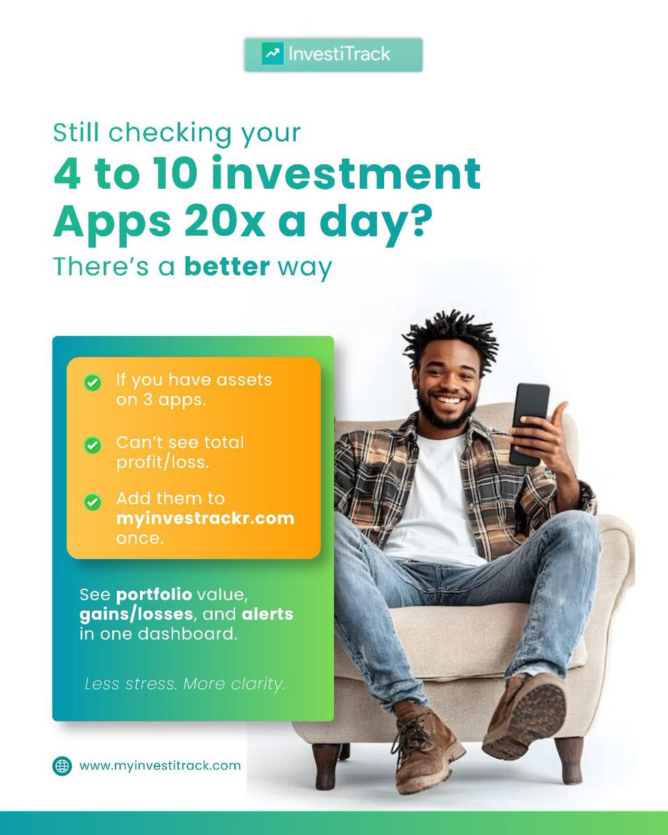 _Investitrack's tweet photo. Still switching between 4-10 investment apps 20 times a day? 😵‍💫

That’s stress you don’t need.  

Investitrack brings all your assets from different apps into one dashboard. See your total portfolio value, gains, losses, and alerts in one place.

Add everything once at https://t.co/urIibaKOVF and get clarity back.

Less stress. More clarity.