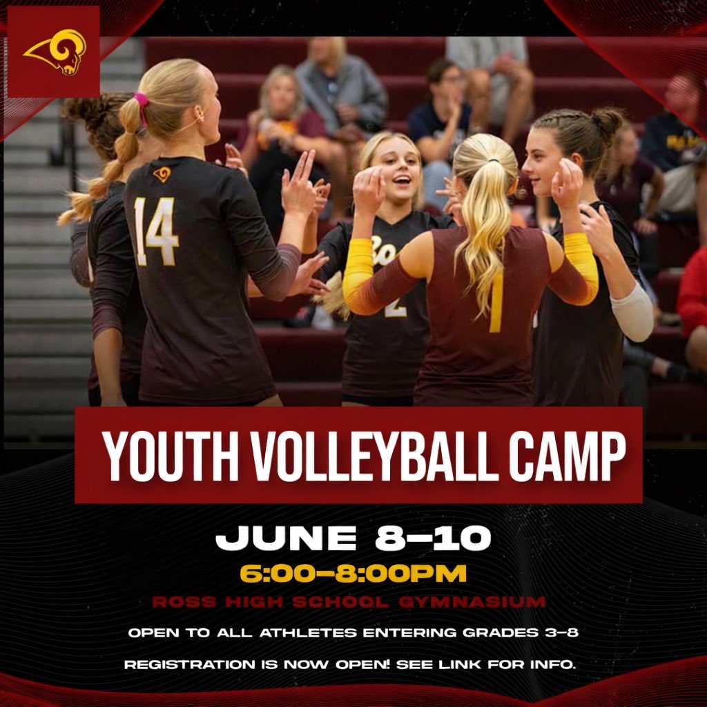rossrams_vb's tweet photo. Only 1 week left to secure your spot in our Volleyball Youth Camp &amp; guarantee your camp T-shirt! 🏐

Join us June 8-10 from 6-8pm for a competitive &amp; instructional camp led by Ross Volleyball players &amp; staff. Open to athletes entering grades 3-8.

Register through link in bio! https://t.co/cvSjrE745W