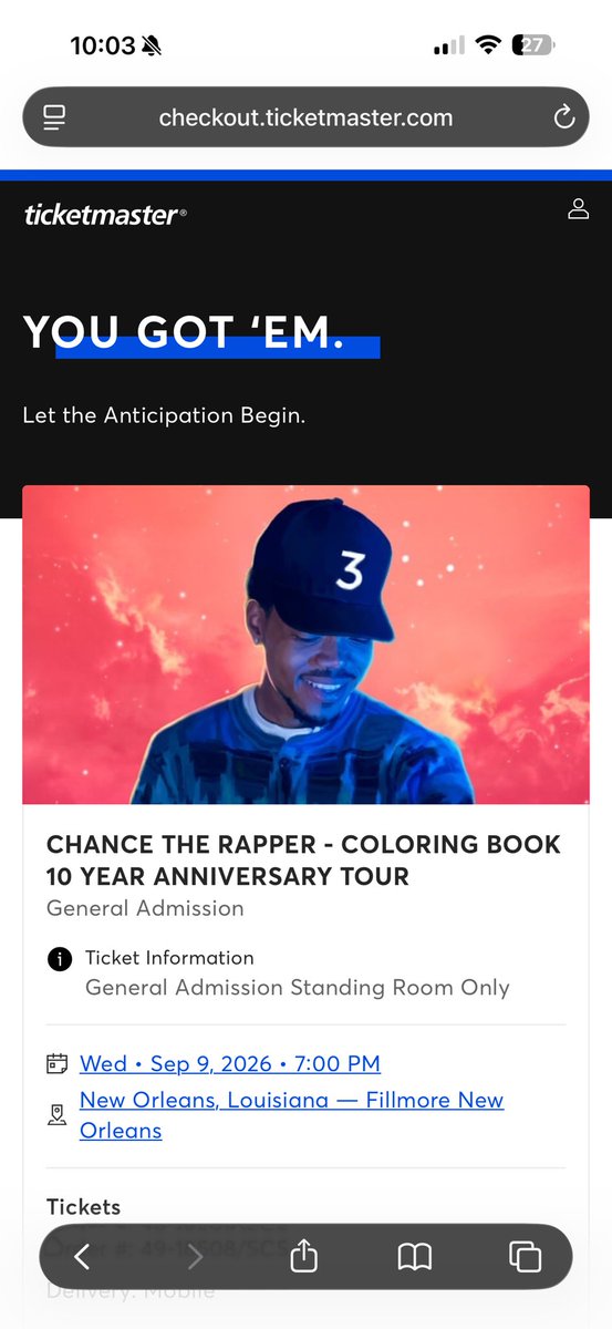 KHoward_3's tweet photo. @chancetherapper Got mine bro, see you in New Orleans! Can’t wait 🙏🏼 https://t.co/wHLWOhYa0M