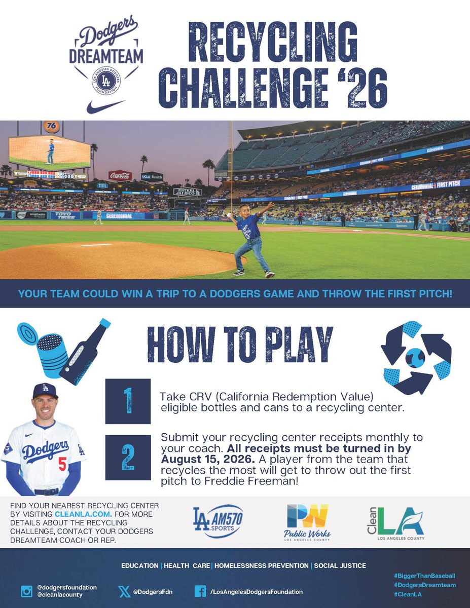 CleanLA's tweet photo. Attn: Dodgers Dreamteam Coaches/Players: The 2026 Recycling Challenge is here!
 
Compete to recycle the most cans &amp; bottles. Win Dodgers tickets and one player will throw out the first pitch to Freddie Freeman!
 
Champions recycle beverage containers!
 
https://t.co/Ik2KZUU1np https://t.co/e5u7O4A76d