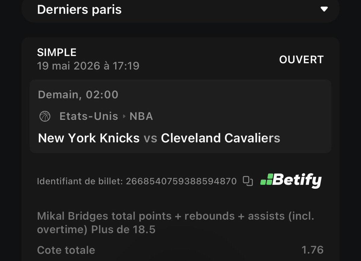 theo69prono's tweet photo. #NBA 

🔸 Bridges +18.5 PRP @1.76 1%

Après avoir mal commencé ces Playoffs il s’est plus que bien repris
Cut passé sur ces 5 derniers matchs, 100% dans la série contre Phily et 100% contre les Cavs en SR

✅Pour bet sur le même book : https://t.co/07s0lZzqBK

♻️❤️ si tu suis https://t.co/4IzuEbxzHI
