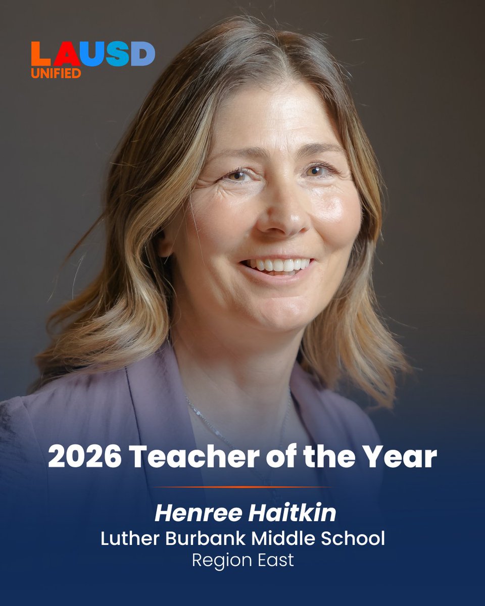 LAUSDHR's tweet photo. ✨2026 Teachers of the Year✨

Join us in honoring and recognizing Henree Haitkin from Luther Bank Middle School as a Teacher of the Year honoree. 💙🍎

Thank you for all you do to encourage, support, and inspire others! 🏫 #TeacheroftheYear #LAUSD #InspiringGreatness https://t.co/IJd567s34S