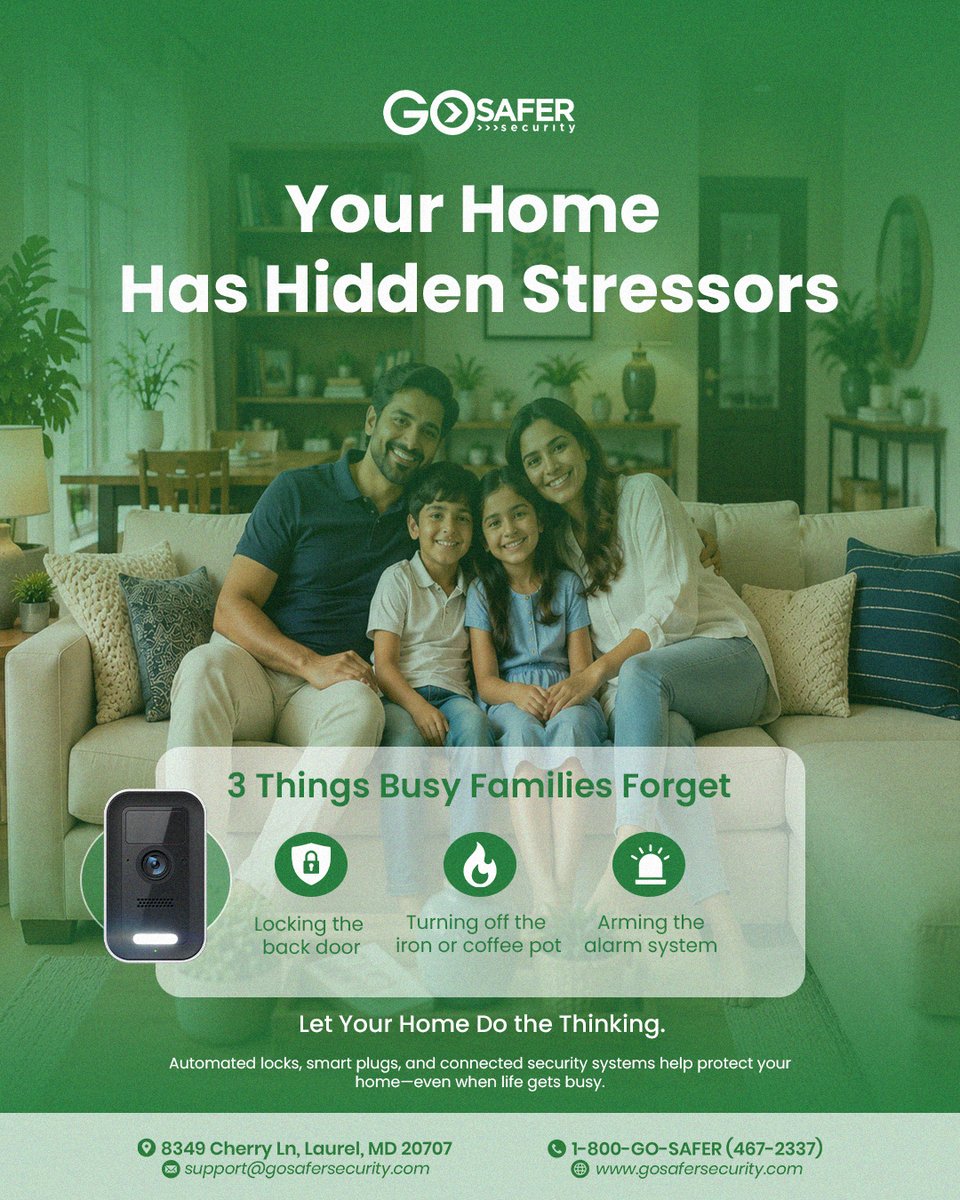gosafer's tweet photo. Your brain is full enough. Let your home do the thinking. 🧠🏠
Busy families often forget small but important things like locking doors, turning off appliances, and arming the alarm system.
That’s where smart security steps in.
#FamilySecurity #SmartHomeTips #HomeSafety https://t.co/Dth9xBR6Ak