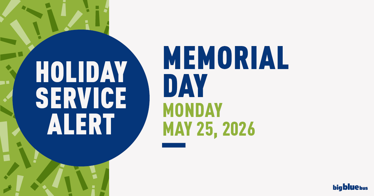 SMBigBlueBus's tweet photo. Next Monday (5/25), Big Blue Bus will operate a weekend schedule on Memorial Day. Customer Service and Blue: The Transit Store will be closed. Normal hours of operation will resume Tuesday, May 26, 2026. 

Routes 5, 15, 16, 41, 44, and Rapid 10 will not be in service. 

UCLA’s Hilgard Terminal will be closed. Routes 1, 2 & 8 will serve C.E.Y./P2 Garage instead.  

Route 9 Express trips to/from Palisades High School will not be in service. 

Route 14 trips to/from Paul Revere Middle School will not be in service. 

MODE service and the MODE Call Center will be unavailable on Monday, May 25, 2026.  

Visit https://t.co/sYR4URNKyF for more details. 

@santamonicacity