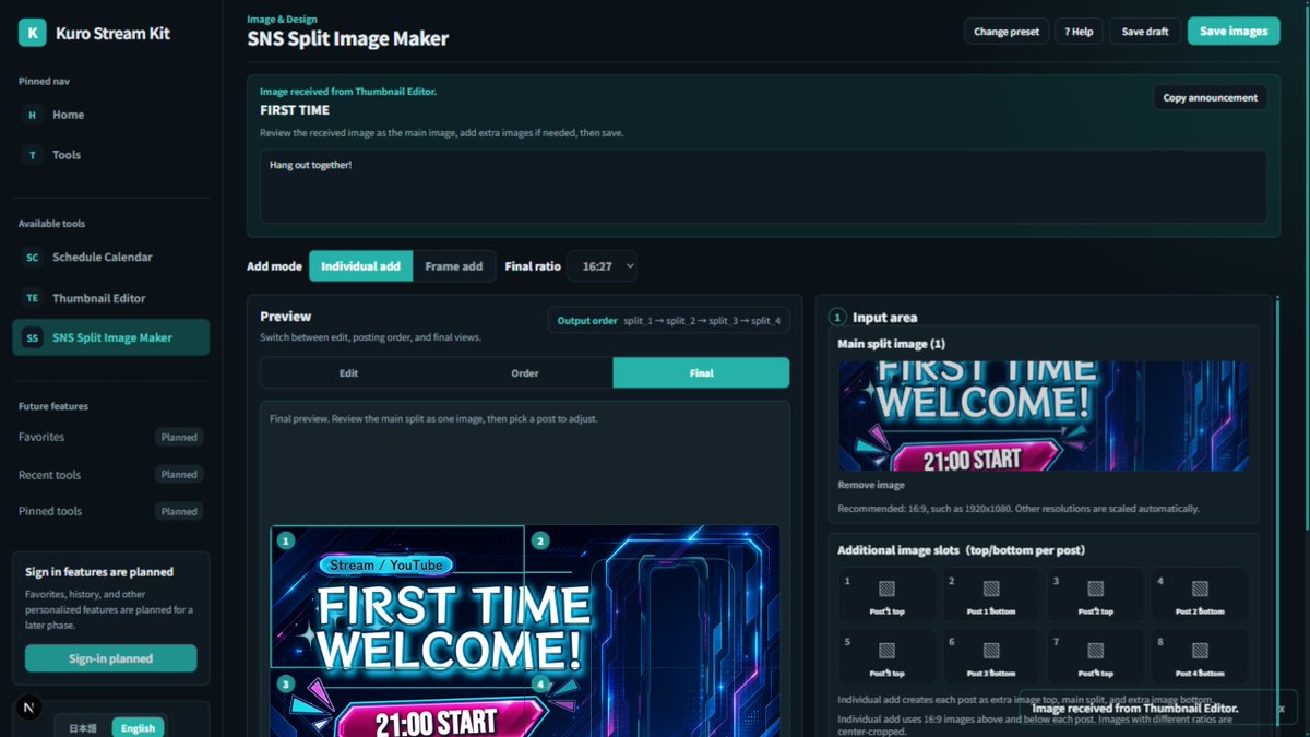 kurodev_v's tweet photo. English UI support is now live for Kuro Stream Kit.

The portal and 3 tools now support English:
Schedule Calendar, Thumbnail Editor, and SNS Split Image Maker.

More fonts, presets, and tools are still on the way.

https://t.co/qe30UglAWt

#VTuber #ENVTuber #VTuberTools https://t.co/EDutaBQLny