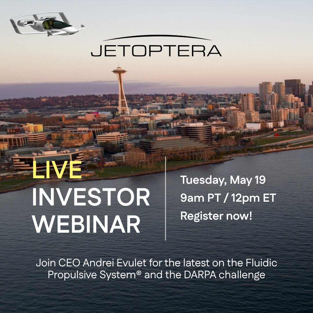 Jetoptera's tweet photo. Our next investor webinar is today! Join us at 9am PT / 12pm ET for the latest info on the FPS® and our DARPA aircraft.

Register now! https://t.co/1FM0kysMZw 🛩️

#VTOL #AdvancedAirMobility #Aerospace #FutureOfFlight #Jetoptera https://t.co/cfbWdLV77q