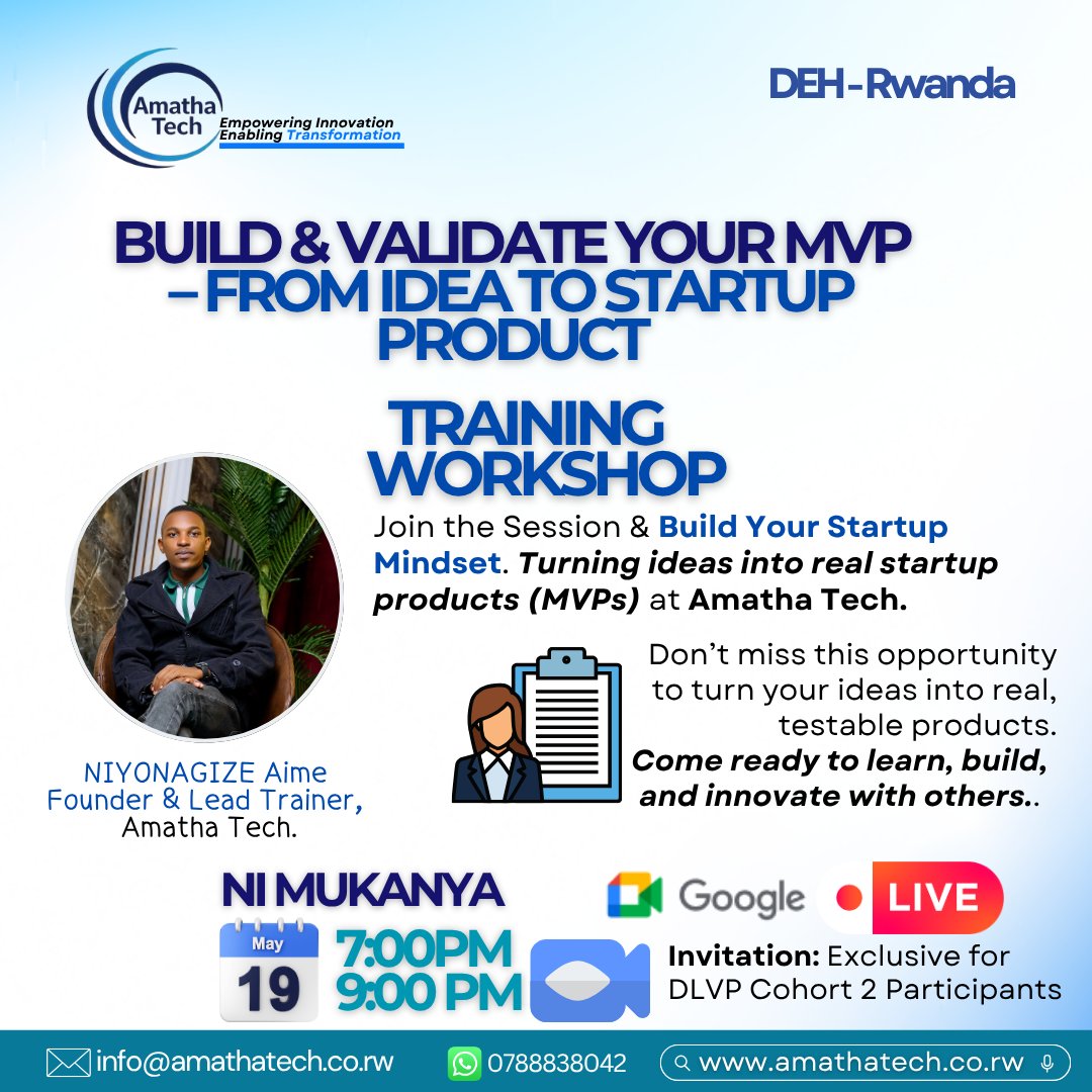 Amathatech's tweet photo. 📊Join a practical MVP workshop where you will learn how to turn ideas into real, testable startup products using lean startup methods.

Build & Validate Your MVP – From Idea to Startup Product:
🧠 Identify real problems
⚙️ Design simple MVPs
📊 Validate with user feedback
🚀 Think like a startup founder
🕖 7:00 PM – 9:00 PM
📌 Hands-on, practical, and innovation-driven session
@aimeamatha 

Organized by Amatha Tech through @DigitalTechRw @EduconnectR | @techinika 

#MVP #Startup #Innovation #DLVP #Entrepreneurship