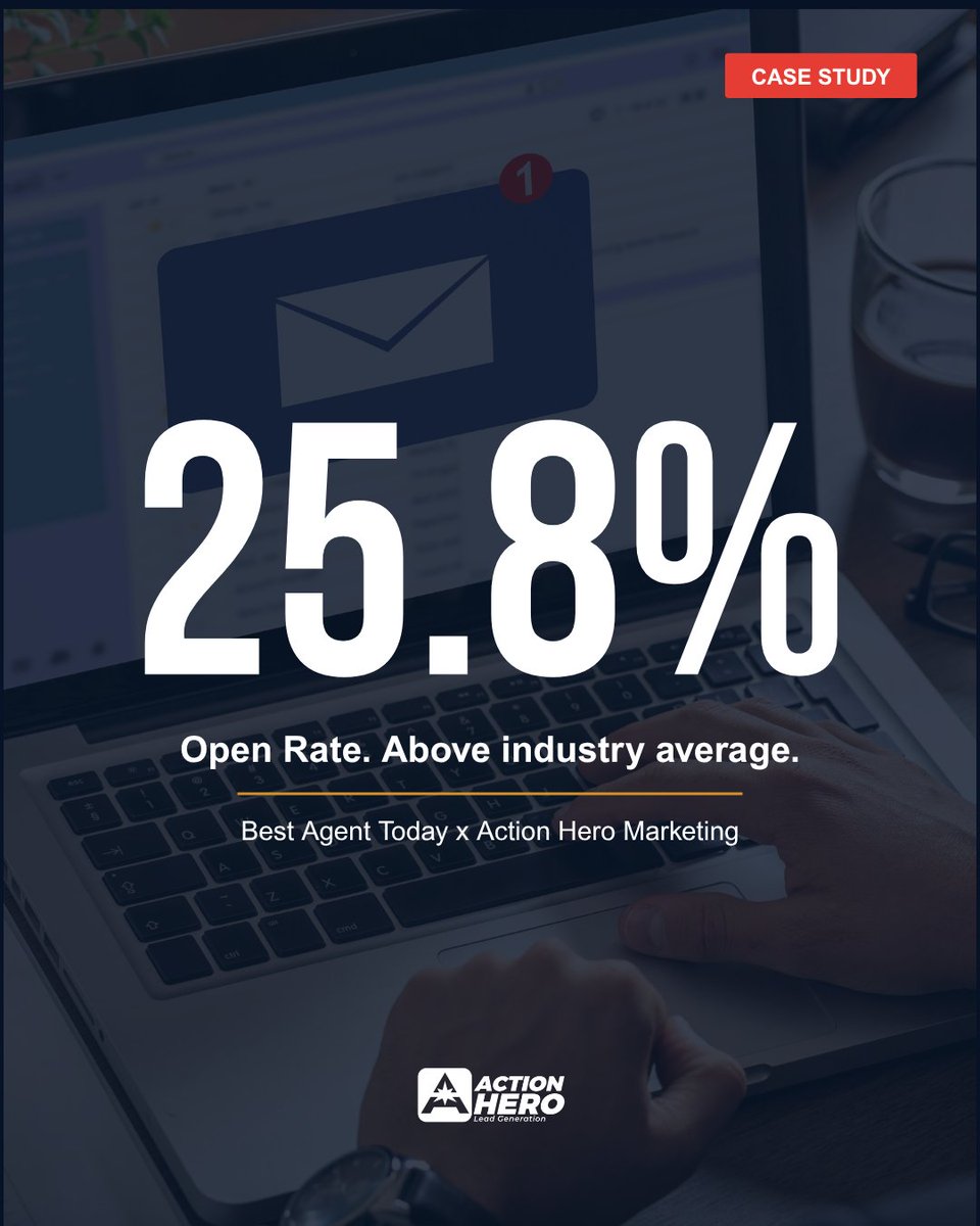 ActionHeroLeads's tweet photo. Real estate email average: 20-25% open rate.
We hit 25.8% on Dec 23rd. 7,349 contacts. 45.6% open-to-click rate.

Not a template. Written in the client's voice.
Full case study: https://t.co/NOWdHMvdhd

#EmailMarketing #RealEstateMarketing #CaseStudy #OpenRate https://t.co/i7Bj34r1Kl