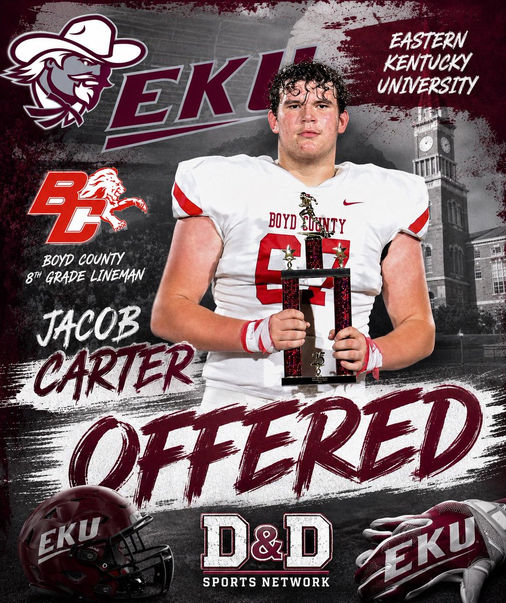 DDSportsNetwork's tweet photo. Boyd County 8th Grader Lands D1 Football Offer

Boyd County 8th grade lineman Jacob Carter has received his first Division 1 offer from Eastern Kentucky University!

At 6’8” and 315 pounds, “Big Jake” already has college coaches turning heads — and what makes him even more dangerous is how well he moves for his size. Carter has the frame of an elite lineman but moves like a tight end, making him one of the most intriguing young prospects in the region.

Quote from Jacob Carter:
“After a great conversation with Coach Day I am blessed to receive my first Division 1 offer from Eastern Kentucky University!!!”

This is just the beginning for the Boyd County standout, and the future is looking extremely bright for one of the mountains’ rising young stars.

#DandDSportsNetwork #EKU #BoydCounty #RecruitingEdge