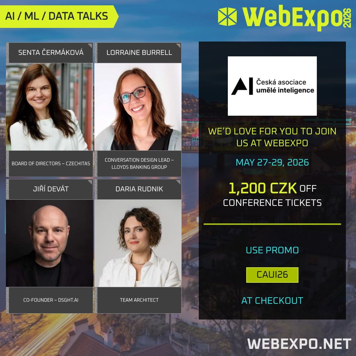 asociaceai's tweet photo. Jako partneři WebExpo Conference pro vás máme moc hezkou slevičku a doufáme, že se letos potkáme na místě! 🚀 V rámci AI témat vystoupí například Senta Cermakova nebo Jiri Devat. https://t.co/tbXx62etUu