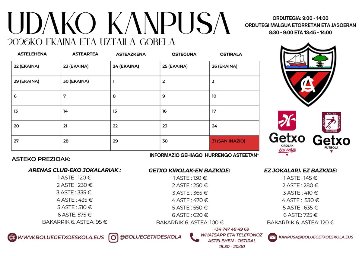arenas_club1909's tweet photo. ⚽️ CAMPUS DE VERANO en el 🏟️ campo Gobela ⚽️ 

📅 Del 22 de junio al 30 de julio  

🔗  para inscribirse:  https://t.co/GG9n6V24K3 

📞747484969 / 📩kanpusa@boluegetxoeskola.eus

#Getxo #GetxoKirolak https://t.co/Cc67iitvzF