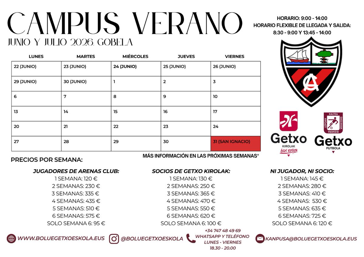 arenas_club1909's tweet photo. ⚽️ CAMPUS DE VERANO en el 🏟️ campo Gobela ⚽️ 

📅 Del 22 de junio al 30 de julio  

🔗  para inscribirse:  https://t.co/GG9n6V24K3 

📞747484969 / 📩kanpusa@boluegetxoeskola.eus

#Getxo #GetxoKirolak https://t.co/Cc67iitvzF