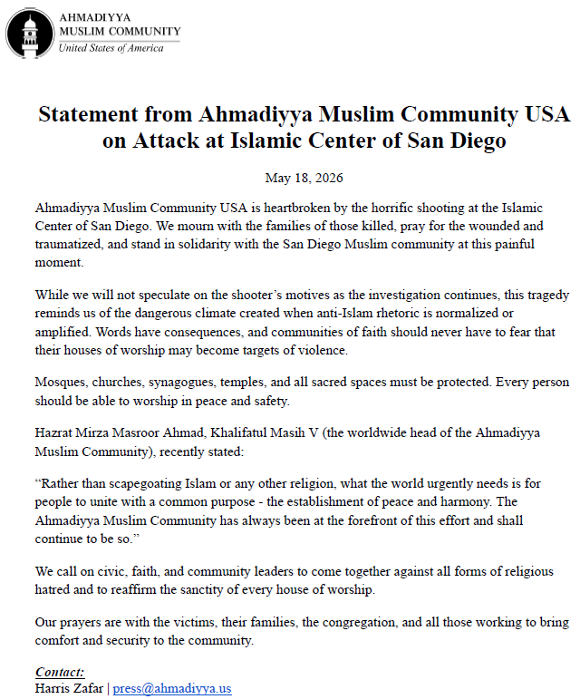 RoundRockMosque's tweet photo. We at the Round Rock Mosque are deeply saddened by this tragedy. We live by the words of our Worldwide Head that “what the world urgently needs is for people to unite … for the establishment of peace and harmony.” We pray for the victims, their families, and all those affected. https://t.co/cGz3o8LcqP