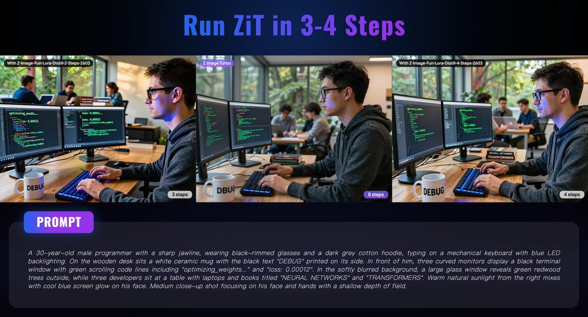 drawthingsapp's tweet photo. 🔍 An interesting discovery!

🧩 Z-Image-Fun-Lora-Distill from alibaba-pai was originally trained for Z-Image Base, with 2-step, 4-step, and 8-step versions available.

⚡ But during some accidental testing in Draw Things, We found that Z Image Turbo paired with Z-Image-Fun-Lora-Distill delivers surprisingly excellent results, as shown in the comparison images below.

🚀 It can even reduce ZiT generation from 8–9 steps down to just 3–4 steps, which greatly shortens local generation time!

👇🏻 The comments include detailed generation settings and the LoRA link for reference.