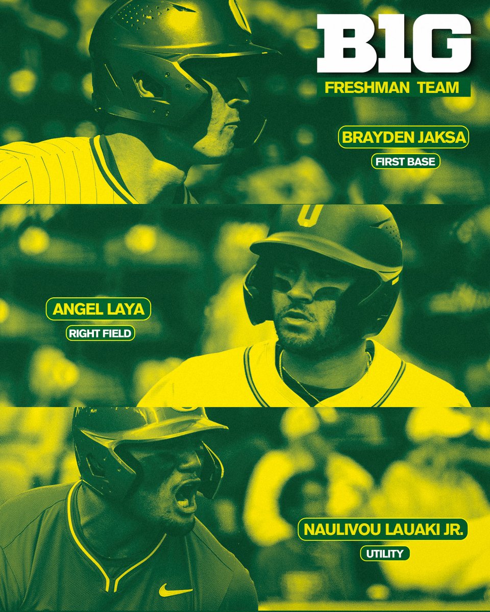 OregonBaseball's tweet photo. 𝐅𝐚𝐛 𝐅𝐫𝐨𝐬𝐡

Three Ducks on the B1G all-freshman team. #GoDucks

@angellaya23 
@BraydenJaksa21 
@junior_lauaki https://t.co/vA5Y0drhFN