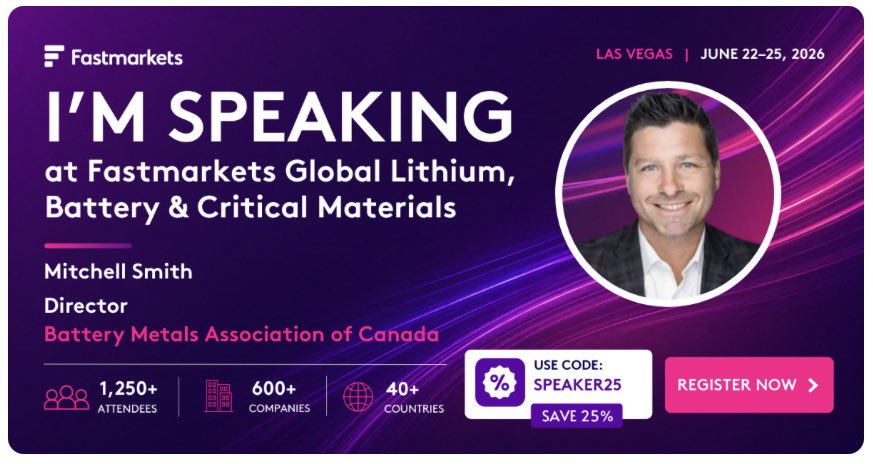 MitchSmithVanc's tweet photo. Join me in Vegas! Pleased to be speaking at the most important battery event in the market next month.

@Fastmarkets  Global Lithium, Battery & Critical Materials draws 1,250+ senior leaders from 40+ countries, and this year the room widens further with energy storage and defense-linked supply chains joining the lithium and battery materials core.

From the mine through to the OEM and the financiers behind it all, this is where the industry does business. Looking forward to sharing my perspective on stage and catching up with many of you there. I expect a lot of my network will be in the room.

Use my code SPEAKER25 for 25% off your ticket, and let me know if you’re attending so we can arrange a meeting. 

https://t.co/P0XNnh1NNb