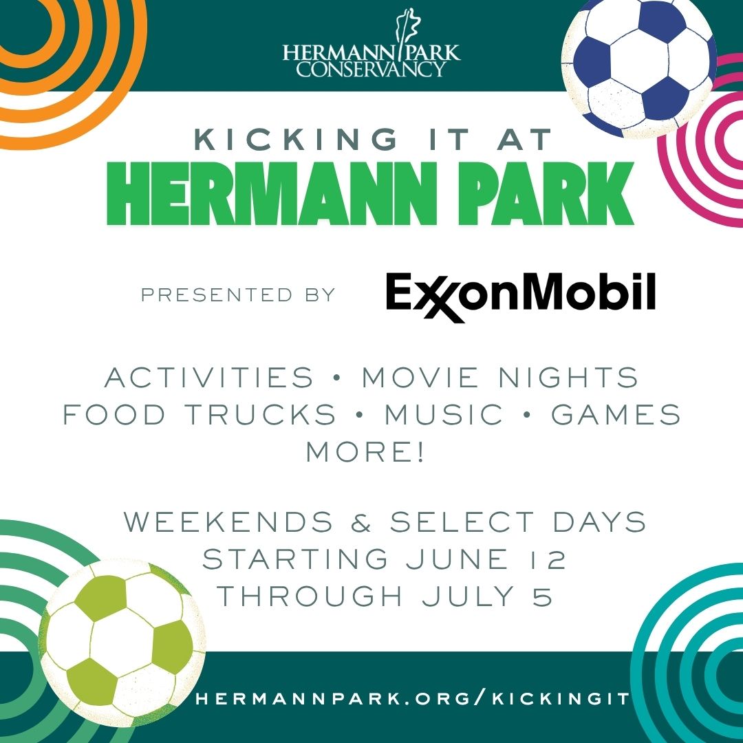 HermannPark's tweet photo. Houston is stepping onto the global stage this summer, and Hermann Park is ready to welcome the world! 🌎 Kicking It at Hermann Park, presented by @exxonmobil, will be a free, public celebration of culture, community, and connection. 🎉 Learn more: https://t.co/GIm0P4KzkM. https://t.co/4aITRJlwgF