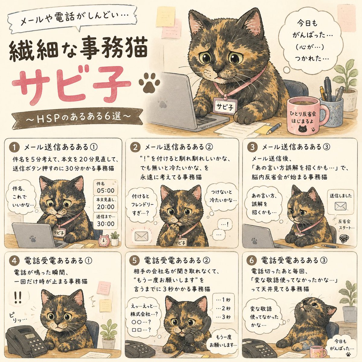 sn1127ns's tweet photo. 件名を5分考えて、  
本文を20分見直して、  
送信ボタン押すのに30分かかる事務猫。  

電話が鳴るたびに一回フリーズして、  
切ったあとも脳内反省会。  

繊細さんHSP事務猫、
今日も静かにHP削れてます。

#HSP #事務 #猫漫画 #繊細さん #仕事つらい https://t.co/zBzHWkUYWx