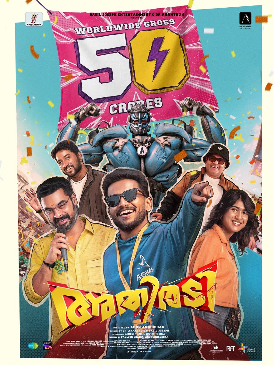 MalayalamReview's tweet photo. #Athiradi joins the ₹50Cr Worldwide Gross club with ease!!!!!!!⚡🔥

Powered by a superb weekday hold, this fun-filled campus entertainer starring Tovino Thomas and Basil Joseph continues its strong run at the box office!!!!!

Here is the official 50cr poster from team Athiradi🔥