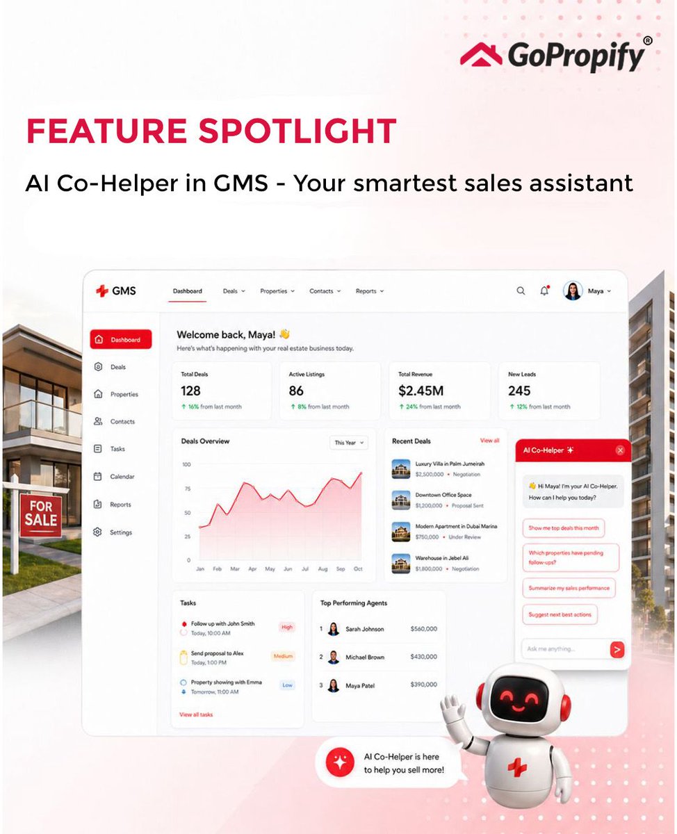 GoPropify's tweet photo. Meet the smartest member of your sales team.

@GoPropify 's AI Co-Helper helps your team stay faster without missing opportunities.

From lead tracking to smarter sales assistance, GMS is built to simplify real estate sales.
Visit: https://t.co/HpoWskAHrN

#GMS  #buildersCRM #ai https://t.co/I9EUwGbywv