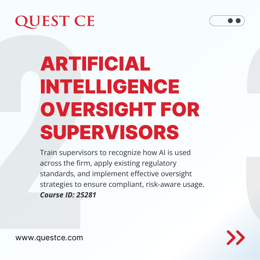 QuestCE's tweet photo. AI is coming up in almost every compliance conversation right now. Training is where that starts. We’ve built a set of AI-focused courses designed to help firms understand the risks &amp; responsibilities.

Explore our lineup &amp; browse our full catalog: https://t.co/wmowu2p1pV https://t.co/qwvJvzBIz8